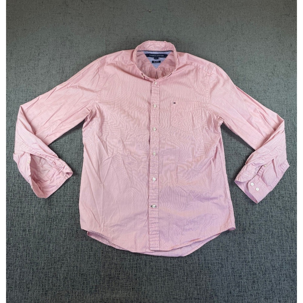 Tommy Hilfiger Mens Pink White Striped Button Down Shirt 80s 2 Ply Cotton Size M